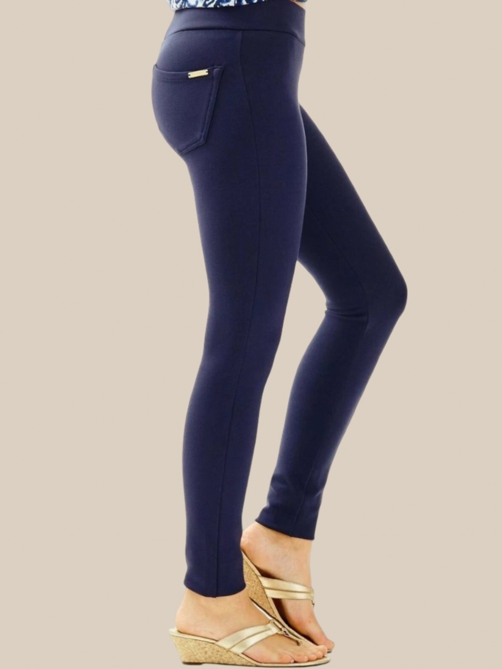 Lilly Pulitzer Mia Leggings Navy Blue Knit Ponte Pockets Gold Logo Skinny Pants